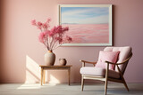Picture a lovely chair in soft hues accompanied by a wooden table, set against an empty blank frame. 