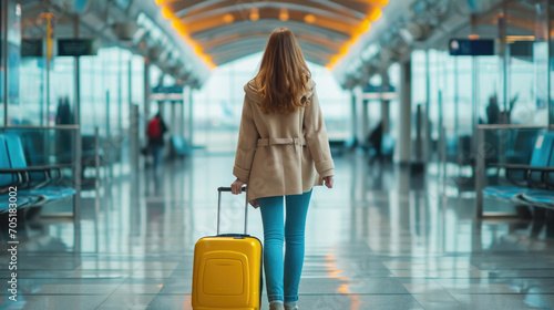 Woman is seen from behind walking through an airport terminal, pulling a yellow suitcase