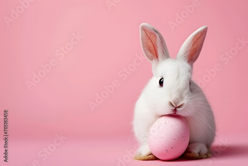 Easter bunny rabbit with easter egg on pink background.