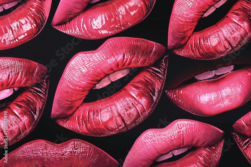 Prints of pink lips on a black background, background of kisses. photo