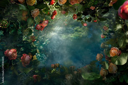 fantasy floral frame in the woods. lush jungle with fantasy flowers. Glowing background mist with fog. Green and teal hues. Light dimly shining through the trees. Cinematic fantasy garden of eden photo