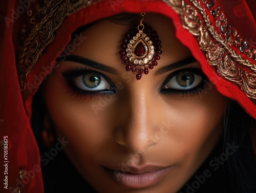 Stunning Indian bride face, adorned red saree