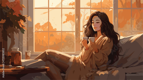 Instruct the AI to generate a sophisticated 16:9 vector artwork, intricately depicting the joy of holiday relaxation with a happy Asian woman. Immerse yourself in the cozy ambiance of a winter morning