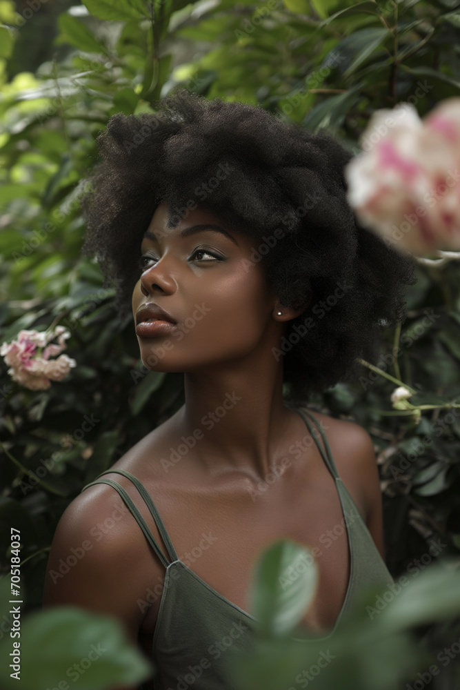 Pretty young black woman looking to the side. Floral green garden with pink flowers. Pretty young black woman looking to the side. Floral green garden with pink flowers.