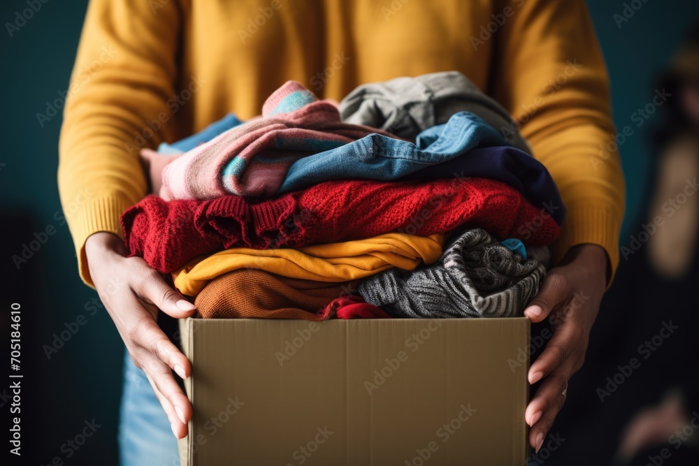 Volunteer holding box of clothes for charity donation