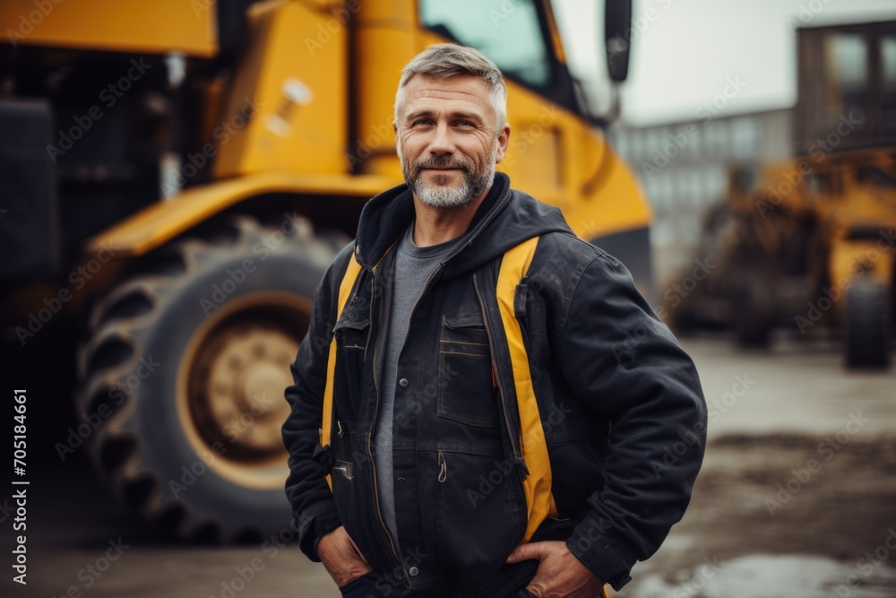 Smiling Portrait of a Construction Worker in Front of Heavy Machinery Smiling Portrait of a Construction Worker in Front of Heavy Machinery