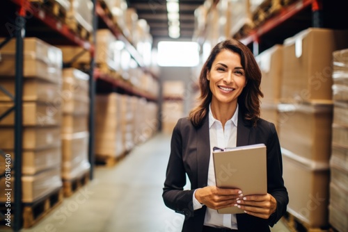 Portrait of a middle aged businesswoman holding clipboard in warehouse photo