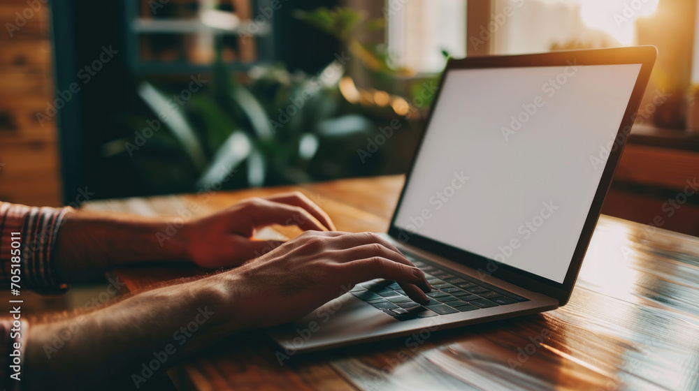 Person's hands typing on a laptop with a blank screen, set on a wooden table Person's hands typing on a laptop with a blank screen, set on a wooden table
