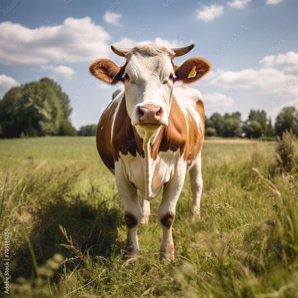 Holstein cow standing in a lush green field looking at the camera