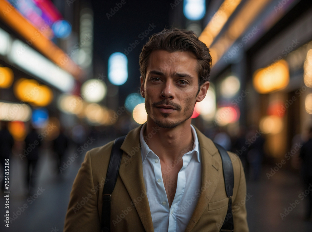 Portrait of a charming young man over blurry city lights at night. Portrait of a charming young man over blurry city lights at night.