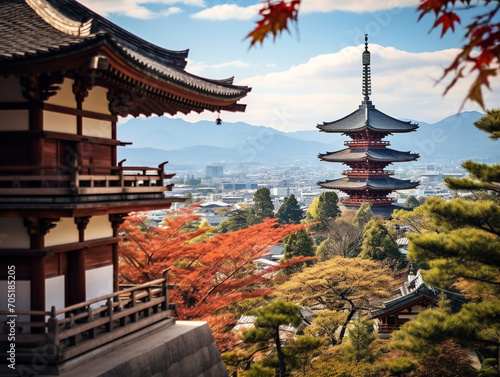A stunning view of traditional Japanese pagodas set against a picturesque backdrop of nature.