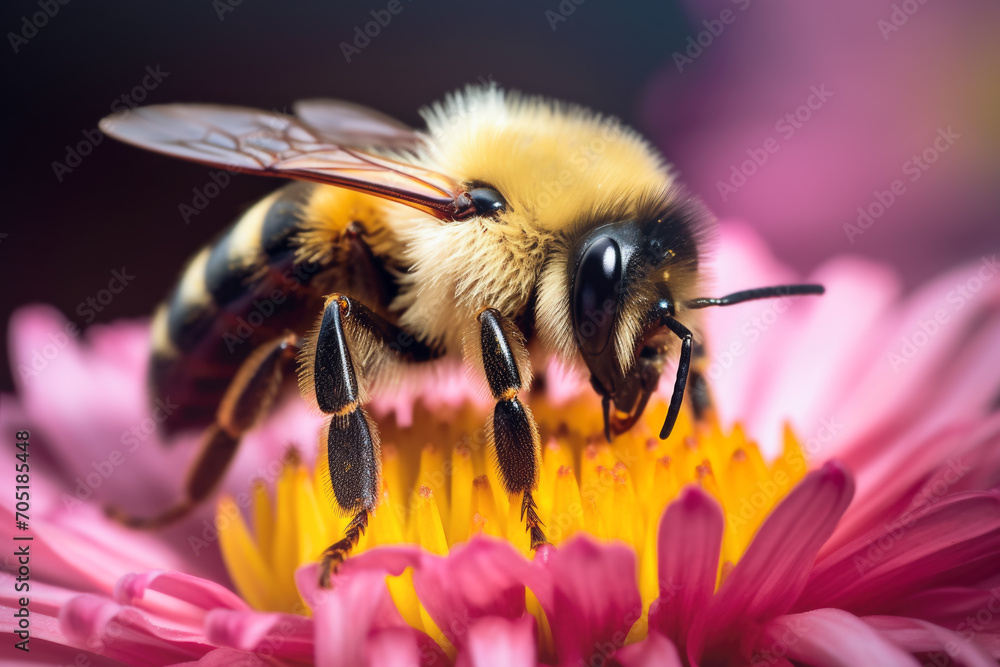 one bee on a pink flower collects pollen. close-up one bee on a pink flower collects pollen. close-up