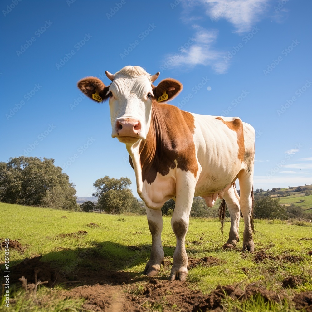 Holstein cow standing in a green field looking at the camera Holstein cow standing in a green field looking at the camera