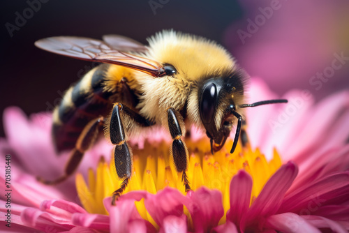 one bee on a pink flower collects pollen. close-up © Milena Wi
