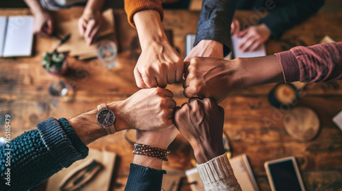 A team of professionals in a meeting showing unity by joining fists together in a circle, symbolizing collaboration and mutual support in a business or work environment. photo
