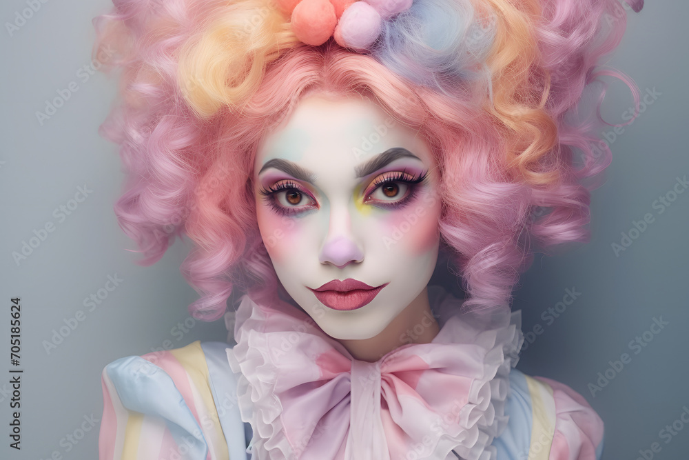 Pretty pastel colored female clown. Woman dressed up in clown costume with curly hair and face paint in front of gray studio background