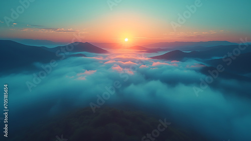 Mystical Sunset Peaks  Mountains in the Fog. Mountain view shrouded in fog at sunset. with Copy Space.