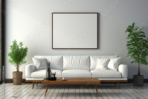 A contemporary living room with a sleek sofa against a blank empty white frame, offering a clean and versatile space for copy text or personalized artwork.