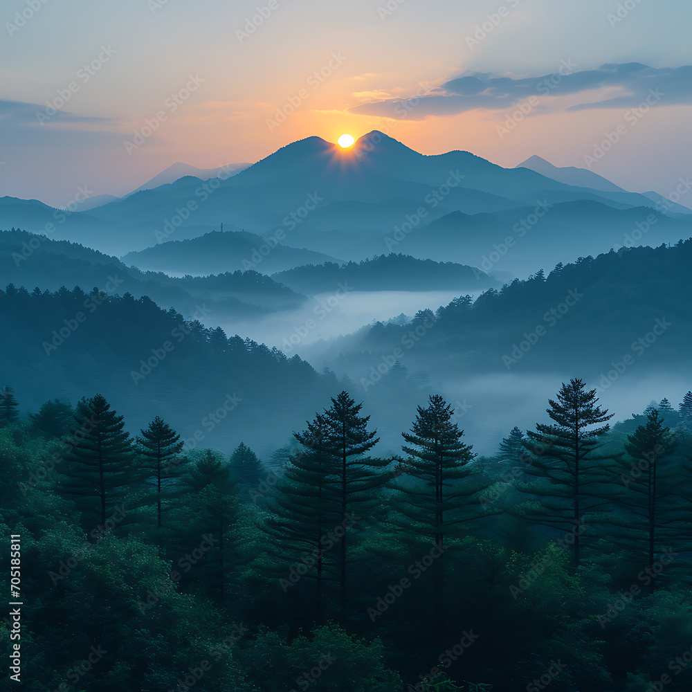 Mystical Sunset Peaks: Mountains in the Fog. Mountain view shrouded in fog at sunset. with Copy Space.