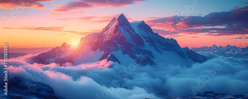 Mystical Sunset Peaks: Mountains in the Fog. Mountain view shrouded in fog at sunset. with Copy Space. © thisisforyou