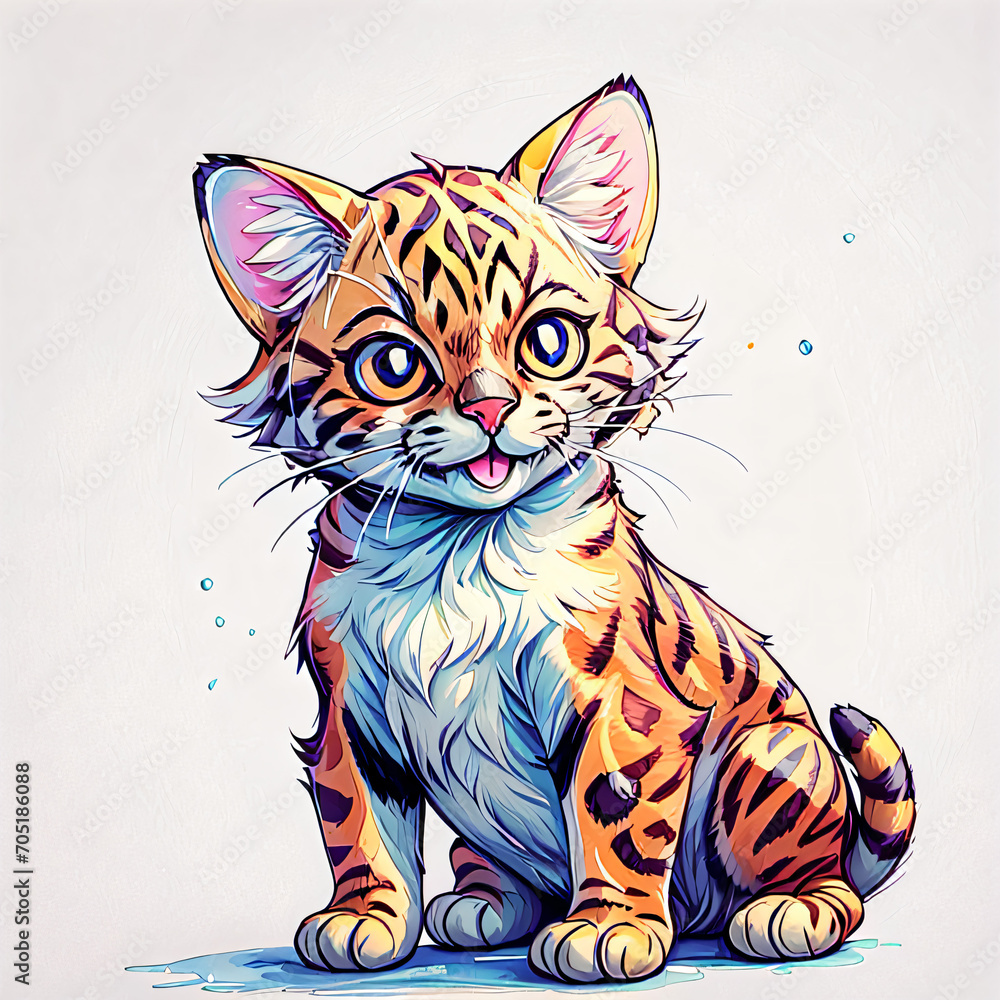 Cute Bengal Cat in Watercolor Illustration