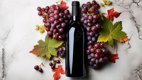 Black wine bottle with red and green grapes