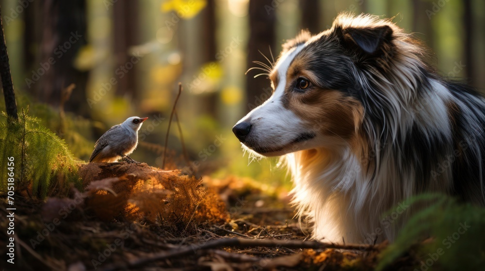 A border collie looks at a small bird surrounded by the tranquility of the autumn forest.