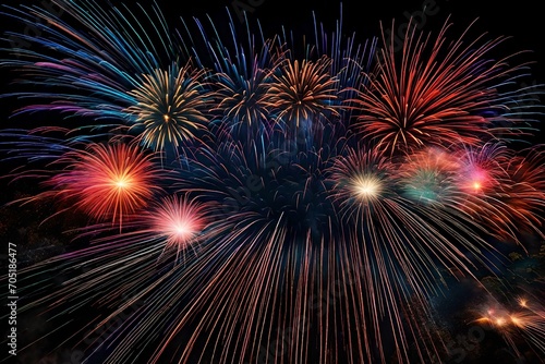 Spectacular explosions of light punctuate the festive darkness  as fireworks paint a breathtaking canvas in the night sky