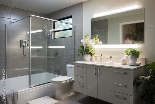 Modern bathroom interior with plants and natural light
