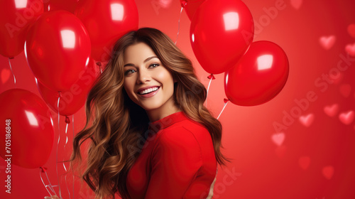 Portrait of a woman with a radiant smile, surrounded by a cluster of red balloons against a red background.
