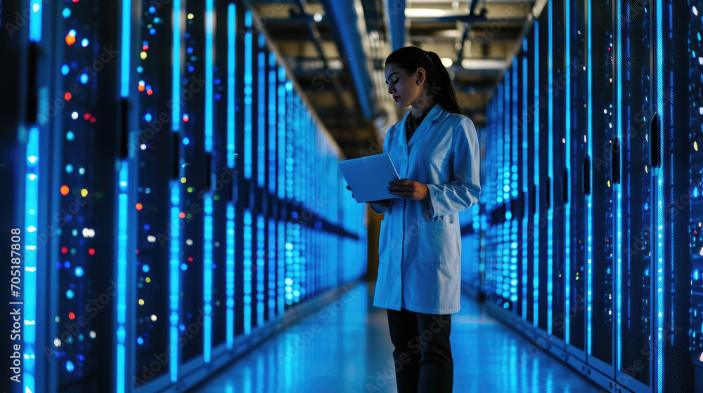 Fototapeta premium Focused IT professional using a laptop while standing in a server room with racks of network equipment illuminated by blue lights