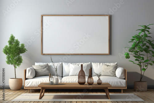 Step into a minimalist living room setting with a stylish sofa, complemented by a blank empty white frame, ideal for showcasing your copy or artwork.