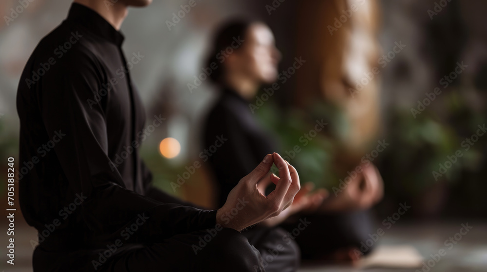 Man in the foreground practicing meditation with a focused and peaceful expression Man in the foreground practicing meditation with a focused and peaceful expression