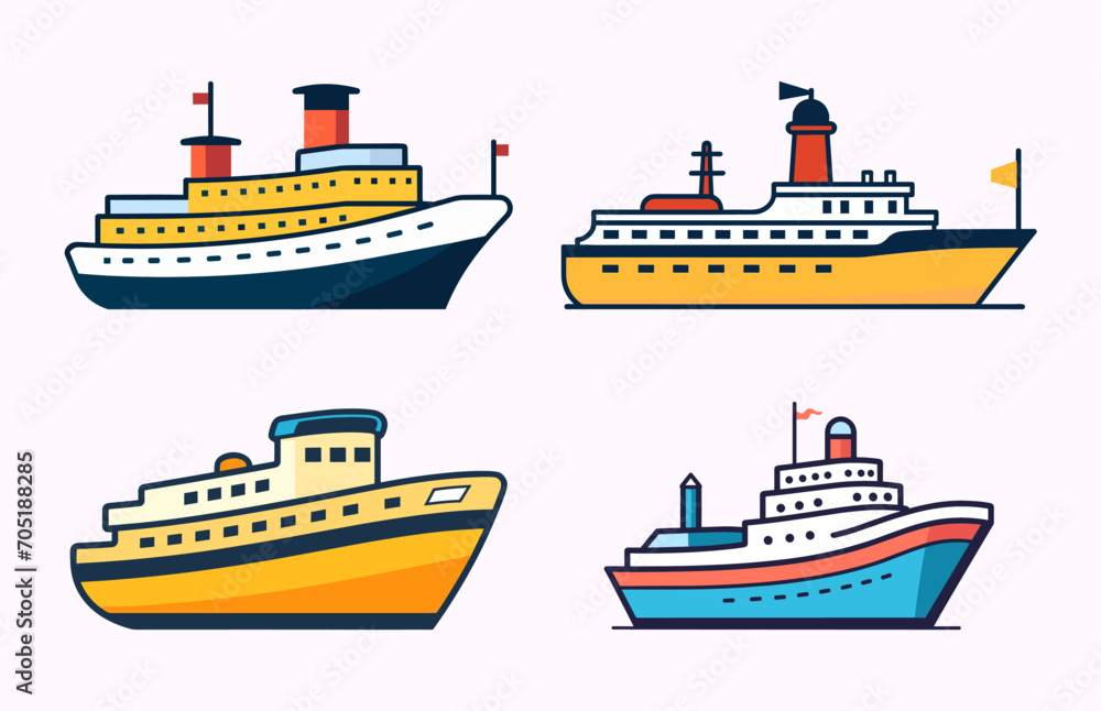 Colored Ship Vector illustration set, Colorful trawler Flat icon bundle