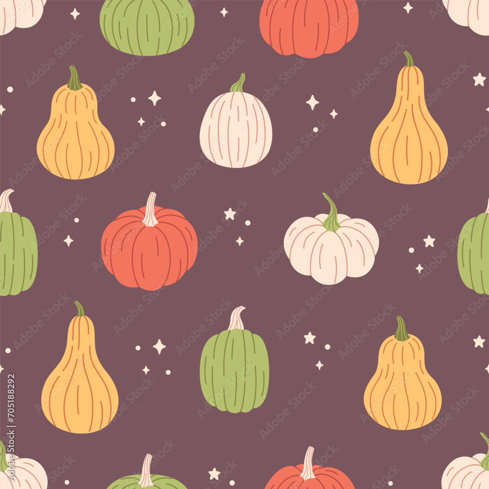 Pumpkins seamless pattern. Hello autumn, autumn harvest, farming. Flat, hand drawn texture for wallpaper, textile, fabric, paper. Hand drawn vector illustration