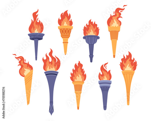 Set of burning torches with flame. Symbol of competition victory, champion. Vector illustration in flat style