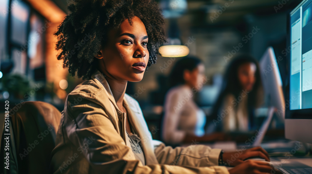 © Studio Nova - Woman smiling while working on a laptop in a bright and modern office environment