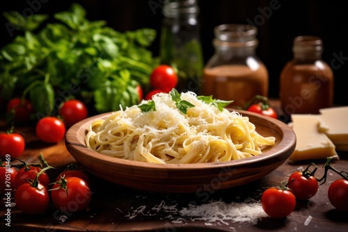 fresh homemade spaghetti pasta on wooden board with cherry tomatoes. Italian cuisine. 