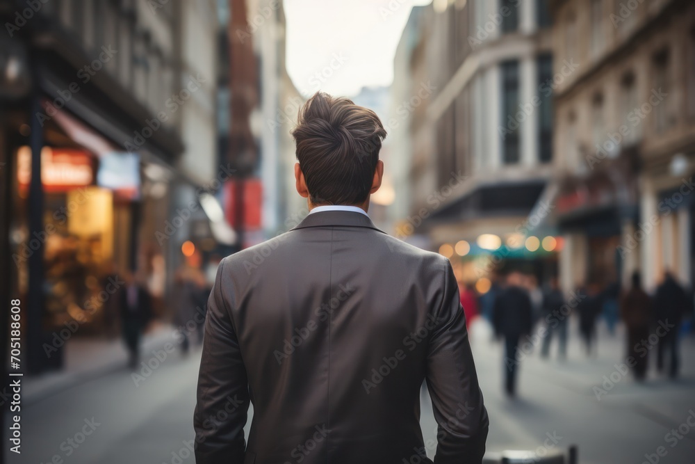 guy in suit from behind walking in the street of city. businessman, success, power, hard work, burnout syndrome, mental health awareness, business concept. guy in suit from behind walking in the street of city. businessman, success, power, hard work, burnout syndrome, mental health awareness, business concept.