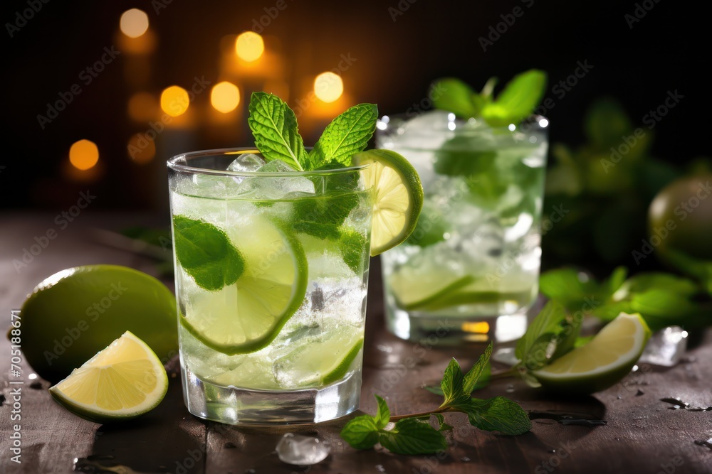 two fresh mojito cocktails with lime and mint leaves closeup at bar counter two fresh mojito cocktails with lime and mint leaves closeup at bar counter