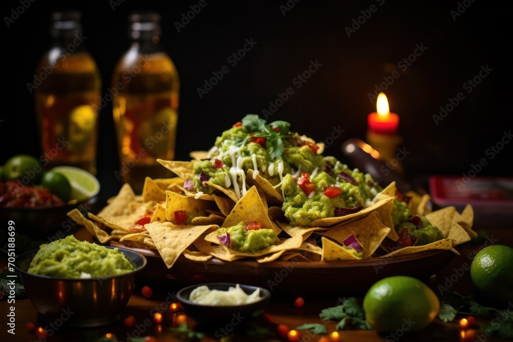 nachos and guacamole sauce mexican food with beers at new year party table and candles bokeh
