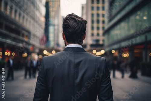 guy in suit from behind walking in the city. businessman, success, power, hard work, burnout syndrome, mental health awareness, business concept.
