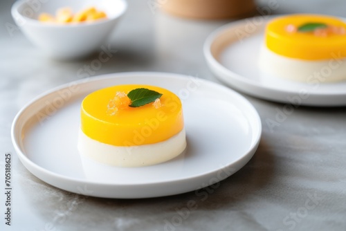 mango dessert served on white plate minimal food set design at fancy fusion restaurant  photo