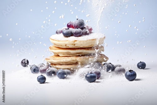 vegan pancakes with fresh blueberry berries  with sugar powder falling on them looking like snow. Winter breakfast christmas concept on light blue white gray background.