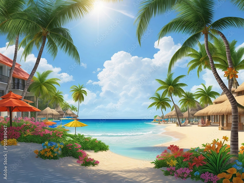Fototapeta premium Free photo of a beachfront capturing the sun flare and vibrant tropical colors in the sky. AI generative image.