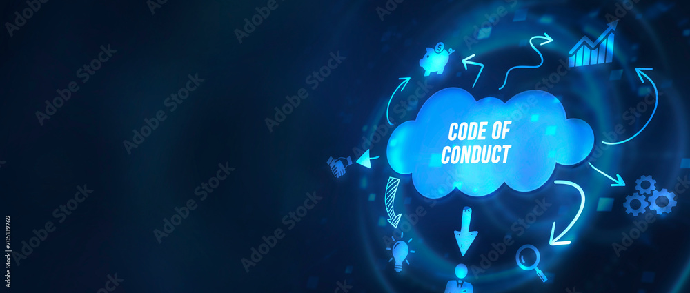 Internet, business, Technology and network concept. Virtual screen of the future: Code of conduct. 3d illustration