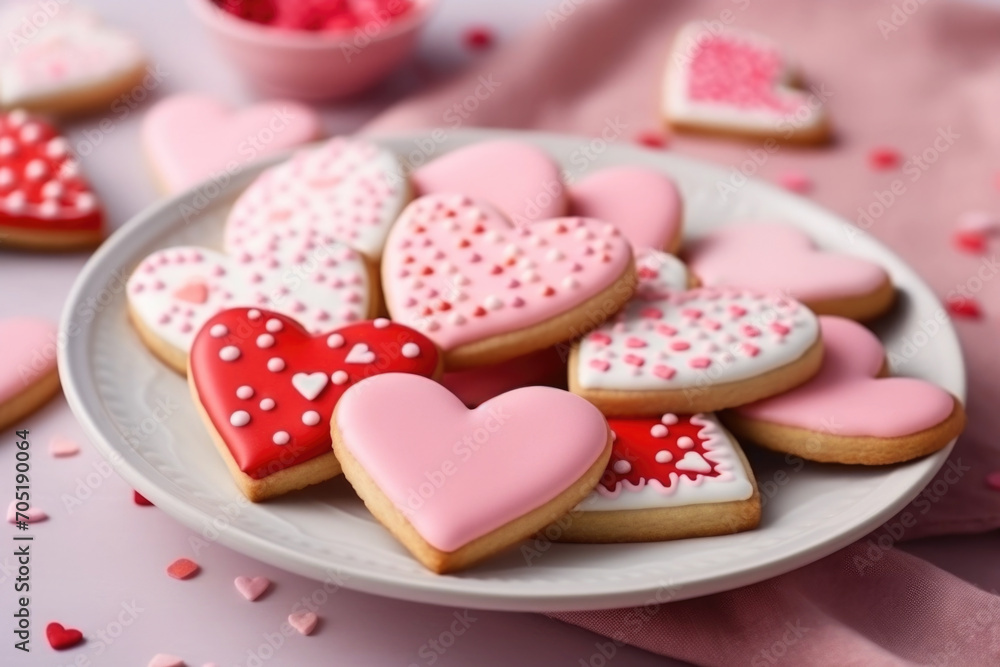 Decorated heart shaped cookies on the plate close up Decorated heart shaped cookies on the plate close up