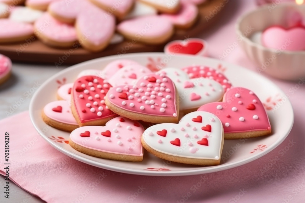 Decorated heart shaped cookies on the plate close up