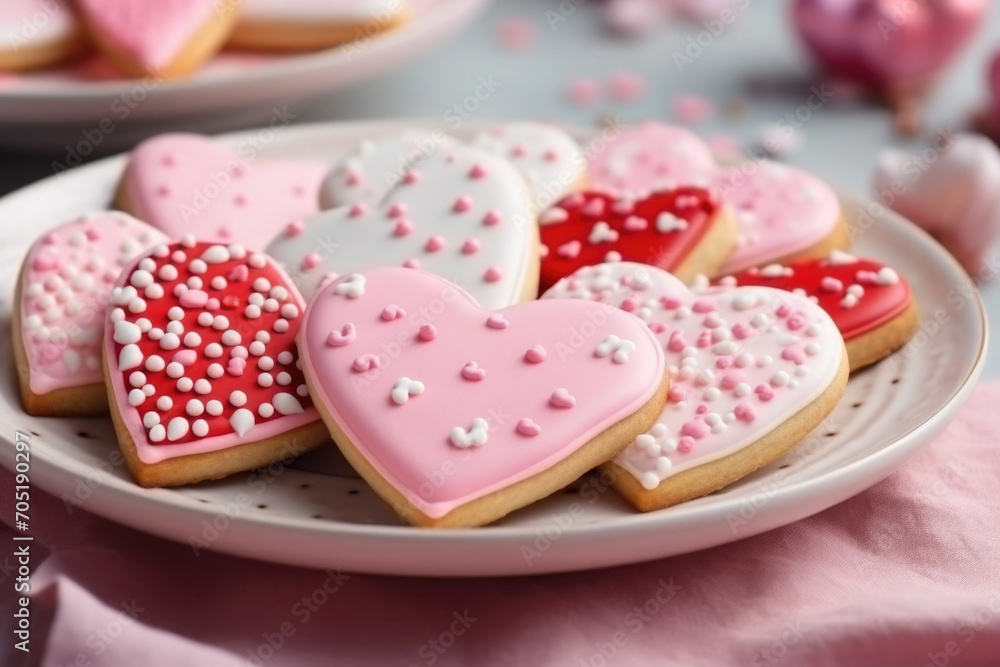 Decorated heart shaped cookies on the plate close up Decorated heart shaped cookies on the plate close up