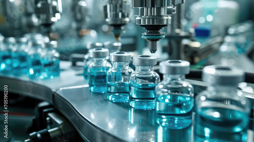Close-up of numerous medical vials in a pharmaceutical manufacturing line photo